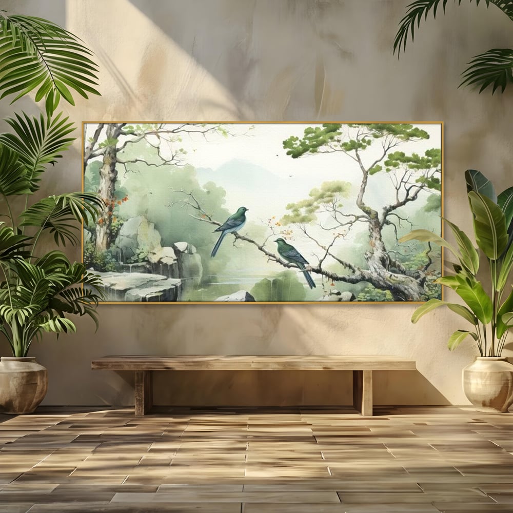 Tablou canvas cu tablou canvas cu pasari pe creanga si peisaj zen, in rama de aluminiu auriu